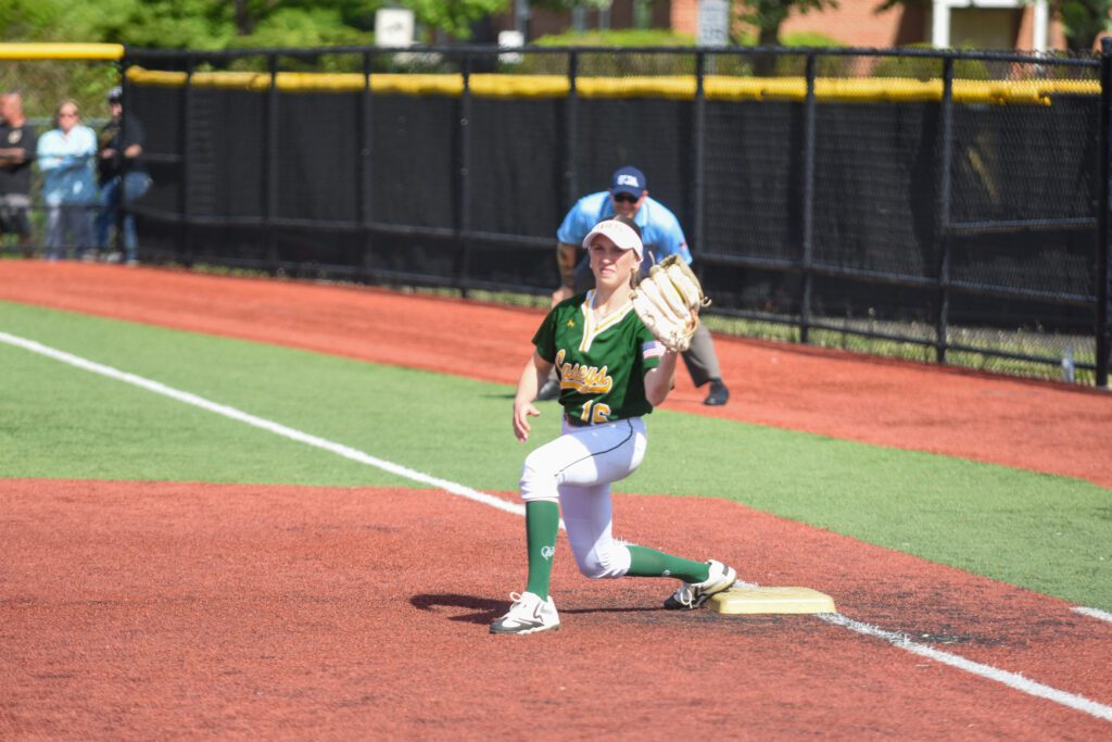 Mackenna Savage playing first base against St. John Vianney on 4/30/25. Photo by Nicholas Doll - Savage 1st