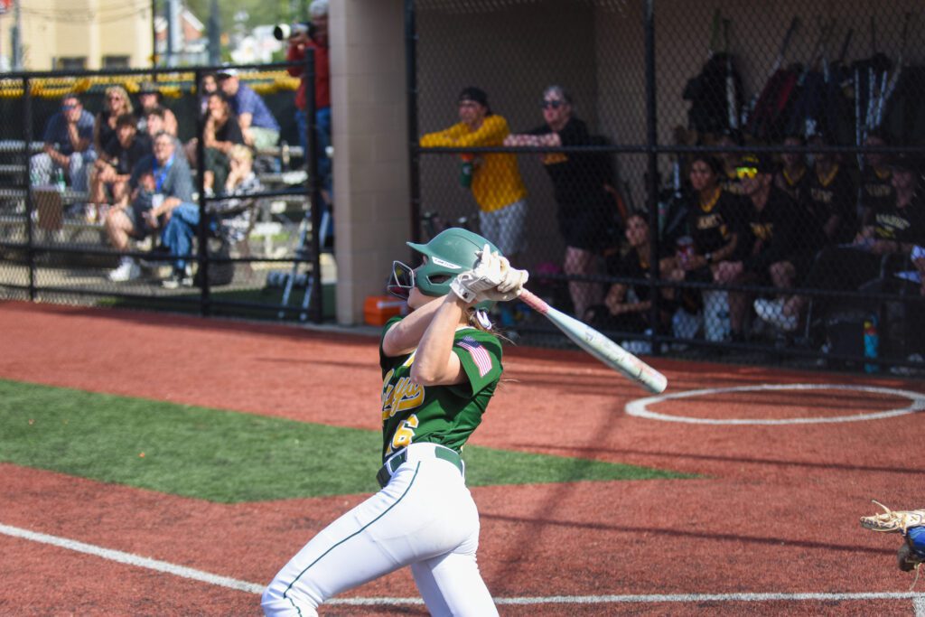 Mackenna Savage with a single against SJV on 4/30/25. Photo by Nicholas Doll - Savage bat