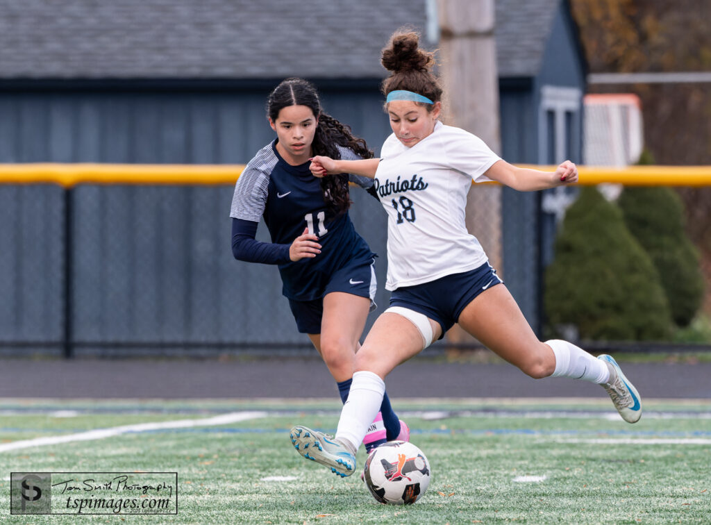 FT Morgan Notaro shooting the tieing goal in the second half - Shore Sports Insider Morgan Notaro scored the equalizer against Howell in the CJG4 semifinal round at Howell. 11/12/25 Photo by Tom Smith - FT Morgan Notaro shooting the tieing goal in the second half