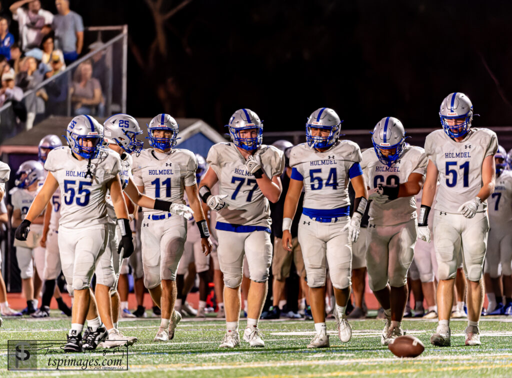Jack Tiller Holmdel - Shore Sports Insider Holmdel’s offensive line, senior Robert Mioduszewski (55), senior Jack Tiller (77), senior Deven Behal (54), junior James Agboton (60) and senior Luke Schiess during the Donovan Catholic vs Holmdel Shore Conference Football Game at the Donovan Catholic Football Field in Toms River, New Jersey. 9/5/25 Photo Credit: Tom Smith | tspsportsimages.com - Jack Tiller Holmdel