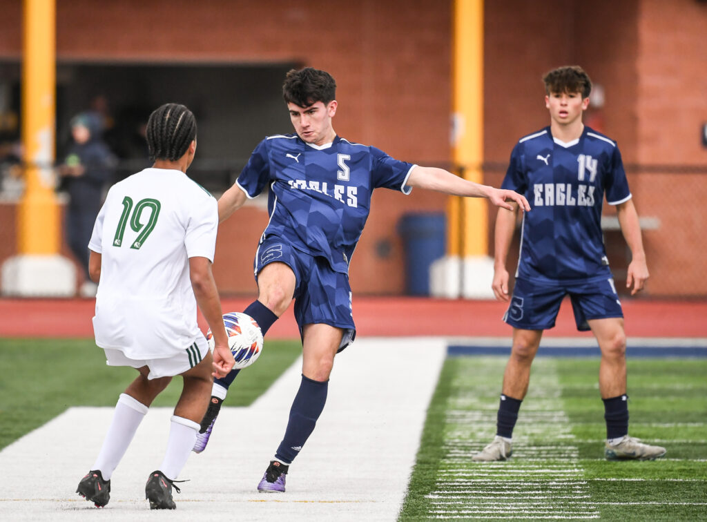 Midd South Jack Cohen - Shore Sports Insider Senior Jack Cohen boots a 60-yard kick that bounced in for Middletown South's lone goal in a 5-1 loss to Ramapo in the 2025 NJSIAA Group III final. (Photo: Tom Smith | tspsportsimages.com) - Midd South Jack Cohen