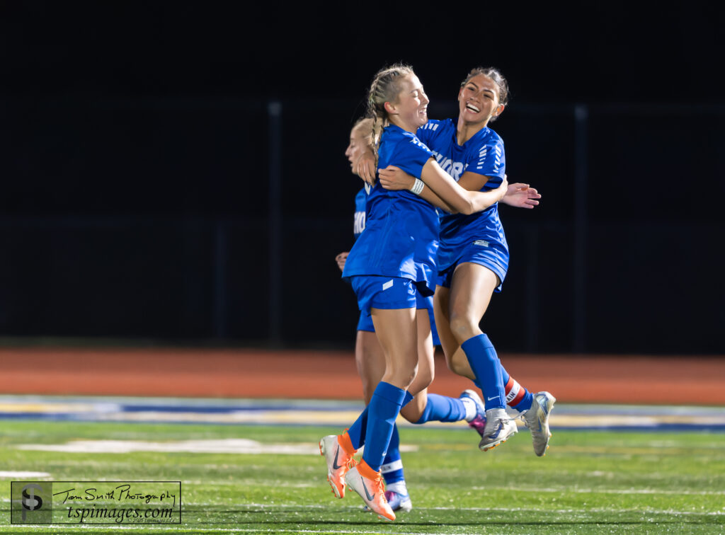 S Celly goal 1 - Shore Sports Insider Jenna Eichenbaum and Ava Coyle celebrate Shore Regional's first goal in the Group 1 championship against Verona. 11/23/25 Photo by Tom Smith - S Celly goal 1