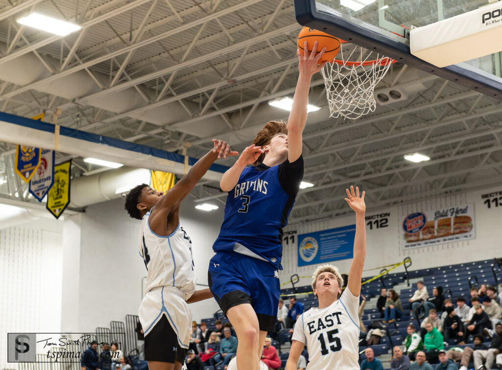 Donovan Catholic Pat Gallo - Shore Sports Insider Donovan Catholic senior Pat Gallo scores between Toms River East junior Matt Stewart (left) and sophomore Tommy Intintola. (Photo: Tom Smith | tspsportsimages.com) - Donovan Catholic Pat Gallo