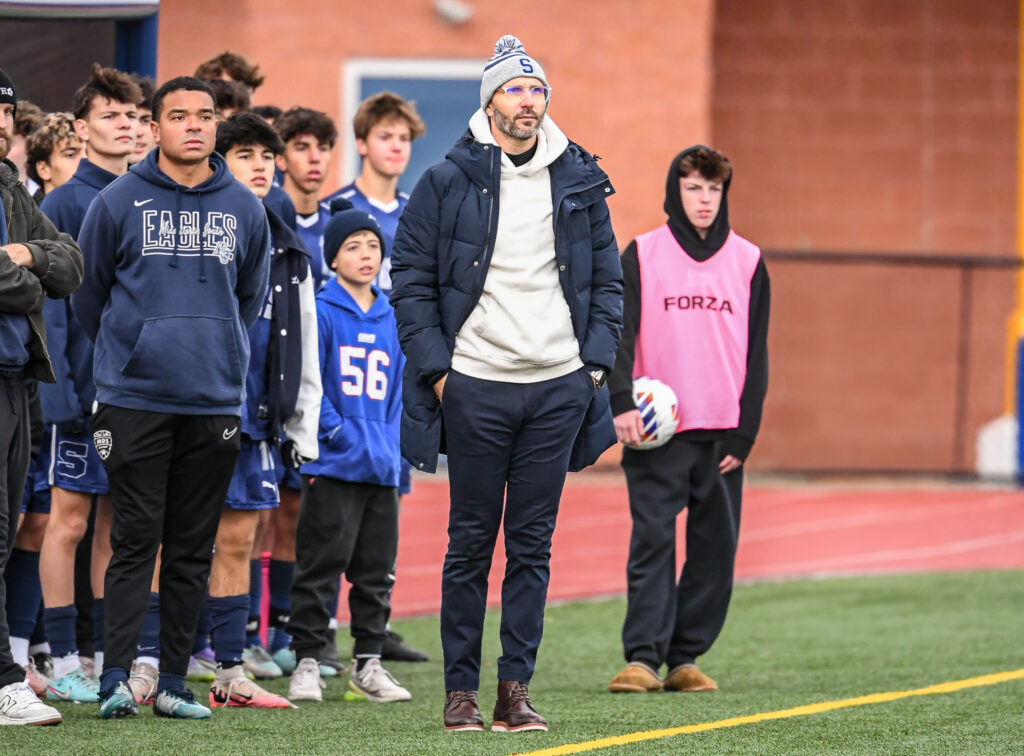 Midd South Dan Riverso - Shore Sports Insider Middletown South head coach Dan Riverso (right) and assistant Jon Santos (left) during the NJSIAA Group III championship game at Franklin High School. (Photo: Tom Smith | tspsportsimages.com) - Midd South Dan Riverso