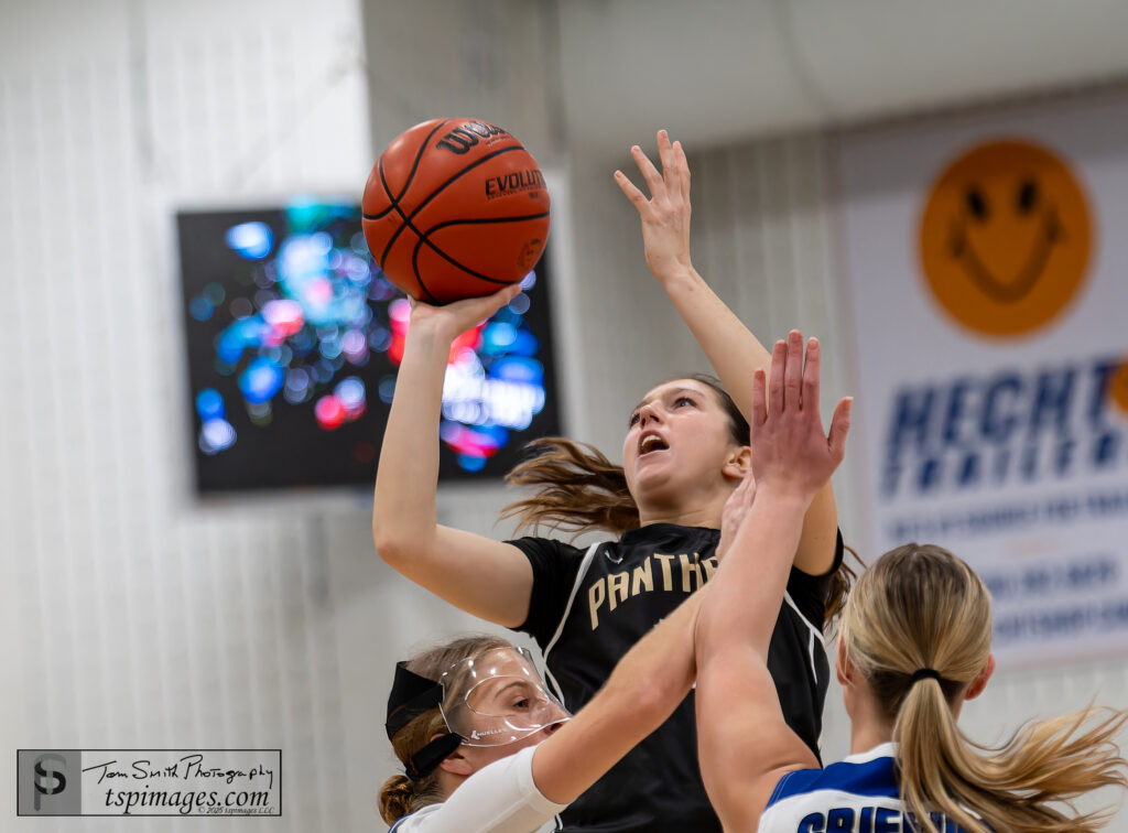 PB Georgia DAngelo 2 - Shore Sports Insider Pt Boro sophomore Georgia D'Angelo with the one hander in a crowded lane during the Donavan Catholic vs Pt Pleasant Boro KWCC Christmas Classic at the RWJBarnabas Health Arena in Toms River, . 12/30/25 Photo Credit: Tom Smith | tspsportsimages.com - PB Georgia DAngelo 2