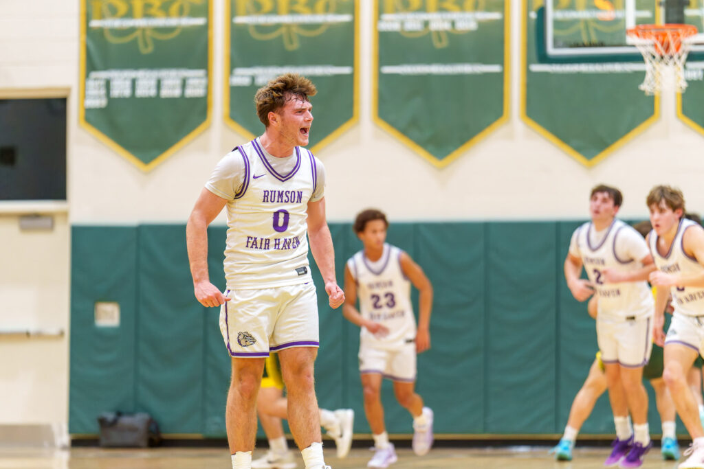 Rumson at RBC - Shore Sports Insider Rumson-Fair Haven senior Luke Lydon after one of his six three-pointers in his team's regular-season win at Red Bank Catholic. (Photo: Patrick Olivero) - Rumson at RBC