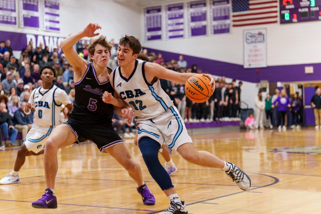 CBA senior Connor Andree defended by Rumson-Fair Haven senior Blake Ahmann. (Photo: Patrick Olivero) - CBA at Rumson