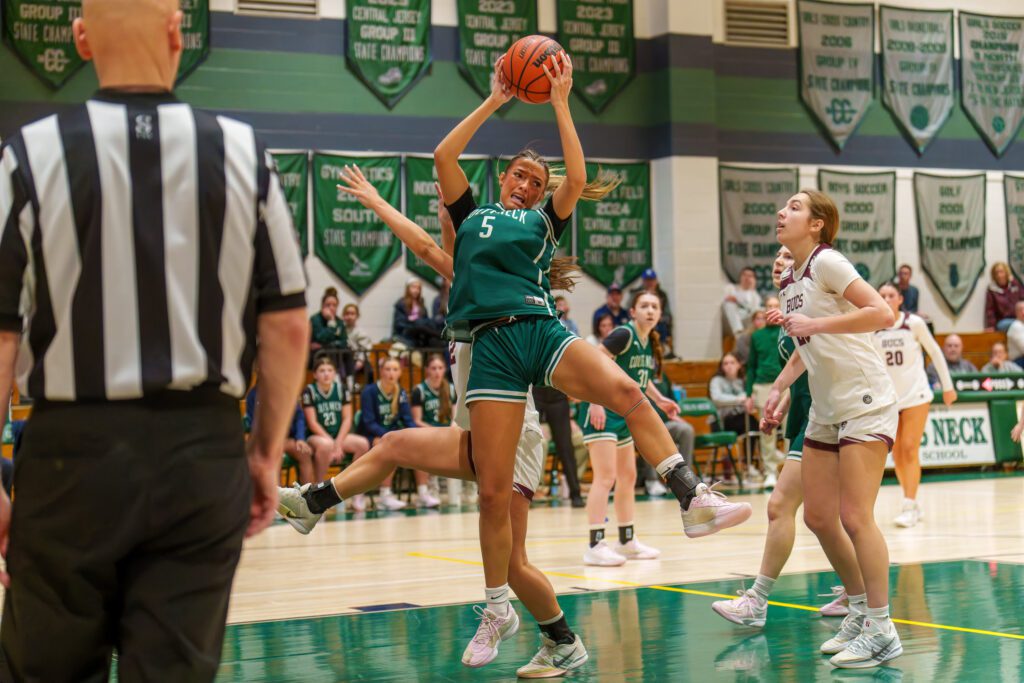 Gabby Bryce grabs a rebound against Red Bank in the CJG3 Championship game at Colts Neck. 3/7/26 Photo by Patrick Olivero - CN Gabby Bryce1