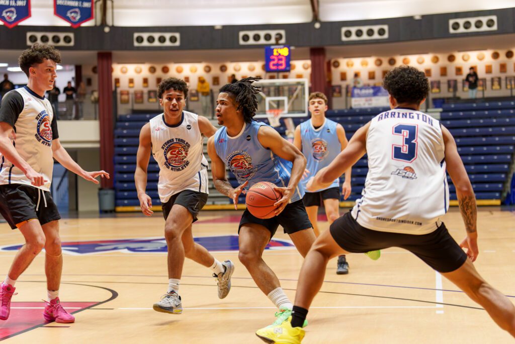 Jackson's George Boley surrounded by (from left) Brick Memorial's Sean Collins, Howell's Cayden Parker and Keyport's Kai Arrington. (Photo: Patrick Olivero) - Senior All-Star Game George Boley