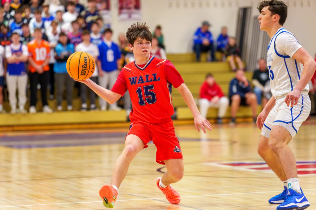 Wall senior Liam Killea guarded by Holmdel sophomore Anthony Serini. (Photo: Patrick Olivero) - Holmdel at Wall