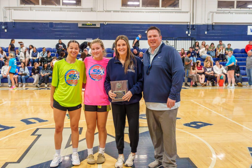 Lisa Kukoda received her Coach of the Year Award from the Coaches Association with Mike Lazur, Lily Johnson (lft) and Jordyn Hollawell. 3/26/26 Photo by Patrick Olivero - SSI_Girls_Basketball_SCT_AllStars_Final_Game_3-26-26-4