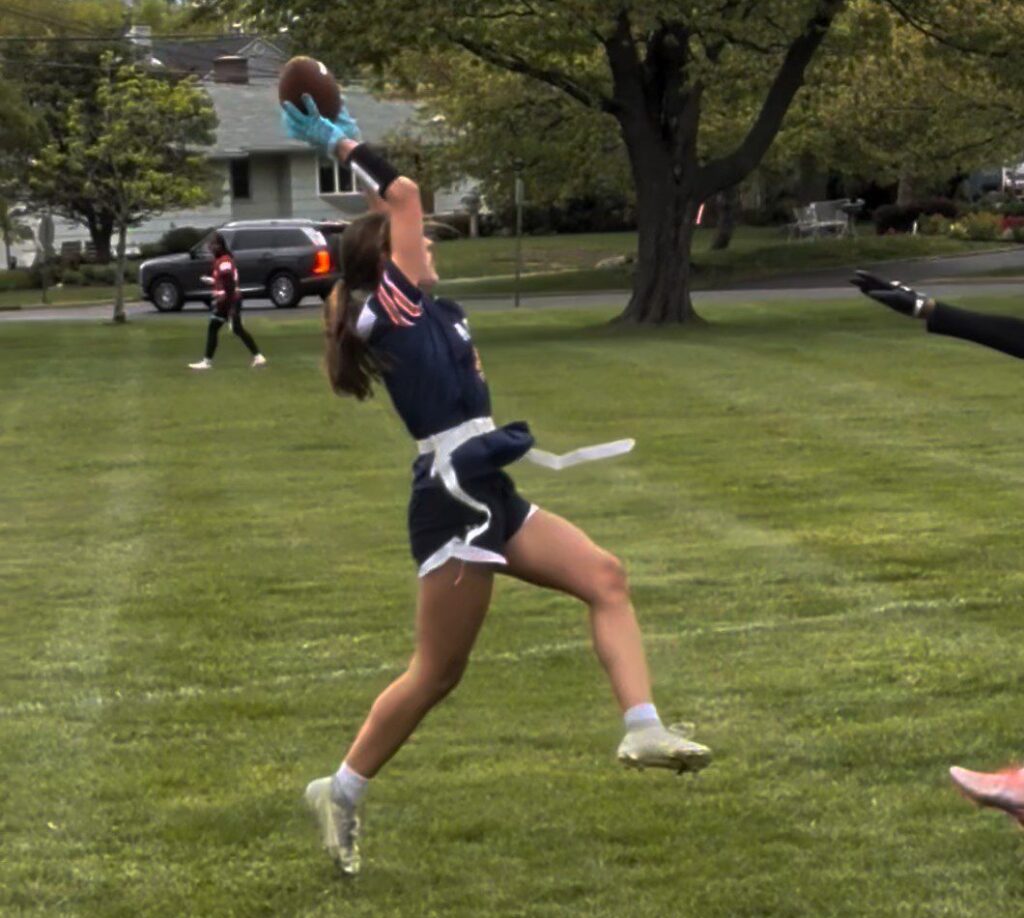 Maddie Rigney Trinity Hall - Shore Sports Insider Trinity Hall's Maddie Rigney hauls in a touchdown catch in the first quarter. (Photo by Scott Stump) - Maddie Rigney Trinity Hall