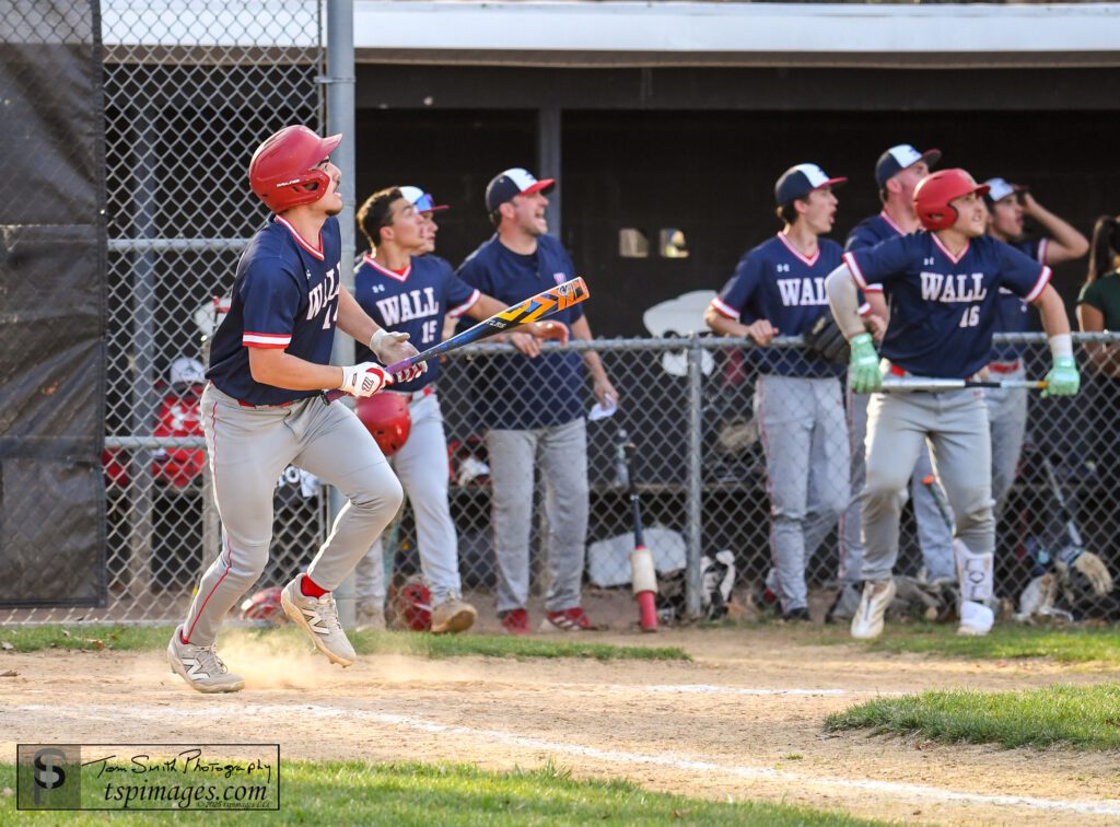 Wall senior John Catanio and his Wall teammates react to contact on his go-ahead home run at Jackson. (Photo: Tom Smith | tspsportsimages.com) - Wall John Catanio