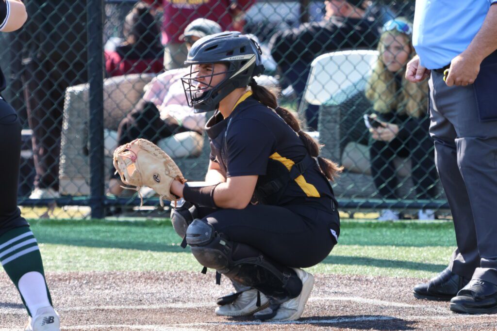 Olivia Lombardi catching against Steinert in the Shore vs CVC Challenge . Photo by Samantha Mayer - Olivia Lombardi