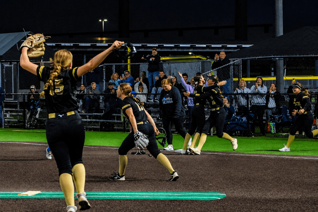 Brooke Sutter celebrating after striking out the final batter in the OCT Final at Adventure Crossing. 5/6/26 Photo by Samantha Mayer - Brooke Sutter celebration