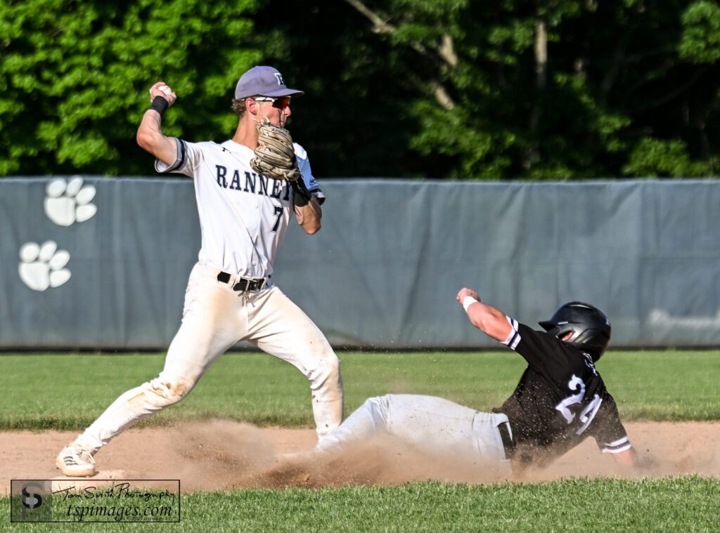 Ranney senior Robbie Wrobel attempts to turn a double-play as Rumson-Fair Haven's Lloyd Bush slides into second base. (Photo: Tom Smith | tspsportsimages.com) - Ranney Robbie Wrobel