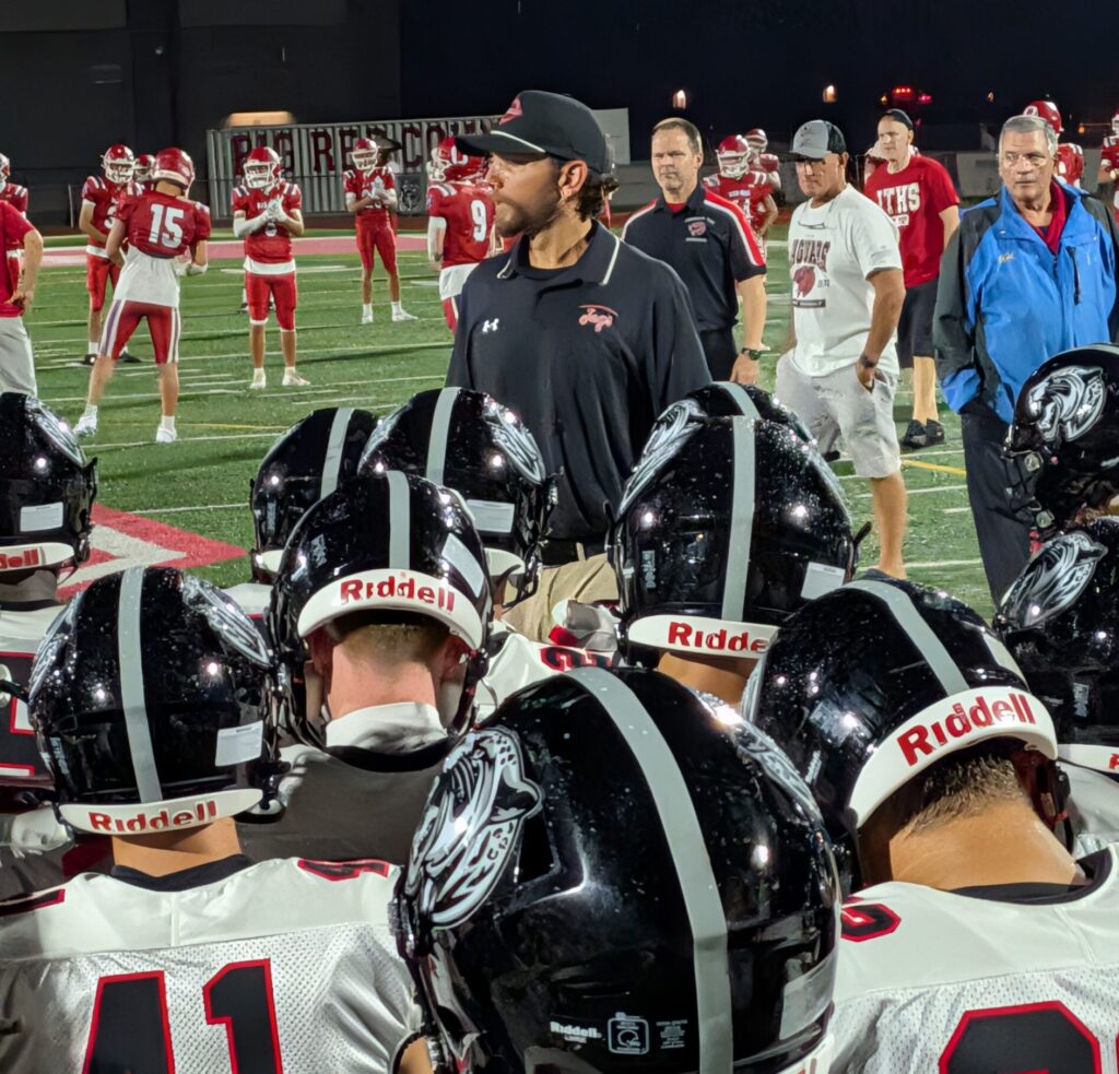 Jackson's Vinnie Mistretta - Shore Sports Insider Jackson Township coach Vinnie Mistretta congratulates his team after a season-opening win. (Photo by Scott Stump) - Jackson's Vinnie Mistretta'Riddell' on the bands.